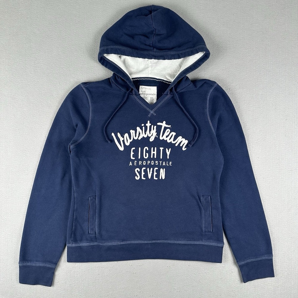 Vtg Y2K Aeropostale Hoodie Women's 2XL Blue Pullover Varsity Team 87 Spellout